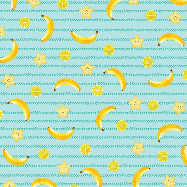 Pattern with bananas, stars, and citrus slices on a striped turquoise background