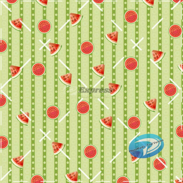 Pattern featuring watermelon slices on a striped green background