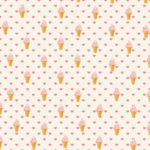 Repeated pattern of pink ice cream cones and small hearts