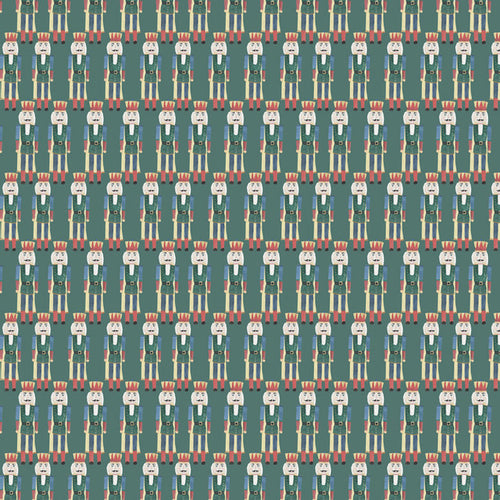 Repetitive illustrated pattern of nutcracker soldiers on a teal background