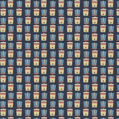 Seamless pattern with alternating drums and books on a navy blue background