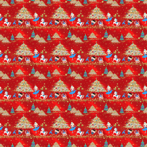 Seamless Christmas pattern with santa, trees, and snowflakes on a red background