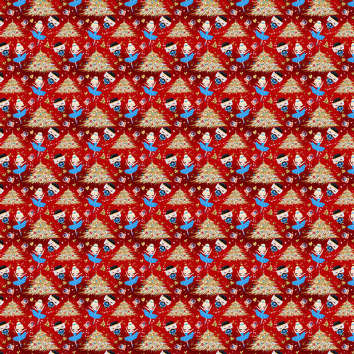 Repeating pattern of a cartoon elf and Christmas tree on a red background
