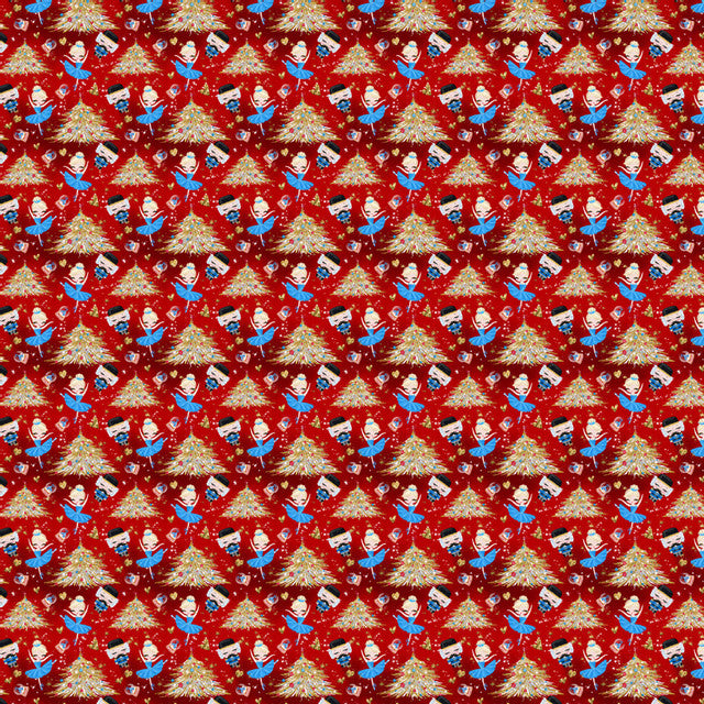 Repeating pattern of a cartoon elf and Christmas tree on a red background