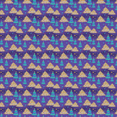 Repeated pattern of Christmas trees and stars on a purple background