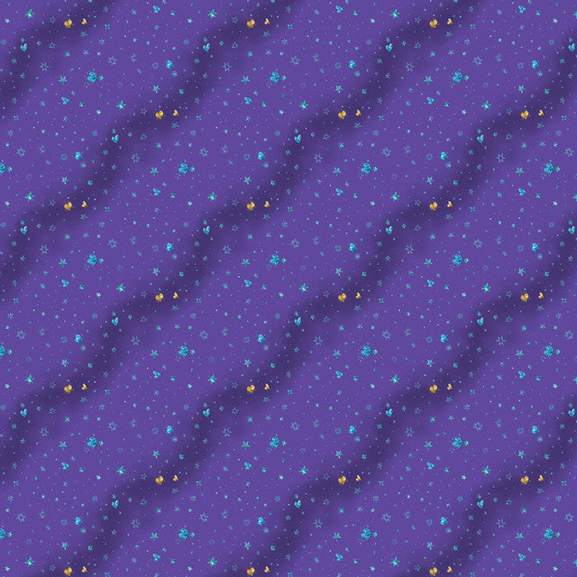 Diagonal striped pattern with stylized stars and speckles on a purple background