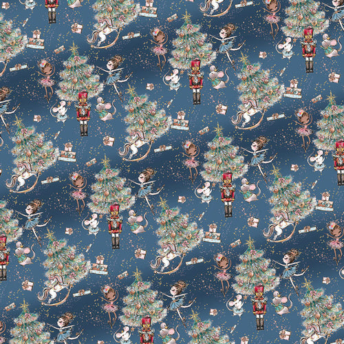 Festively dressed mice with gifts and decorated trees on a navy blue background
