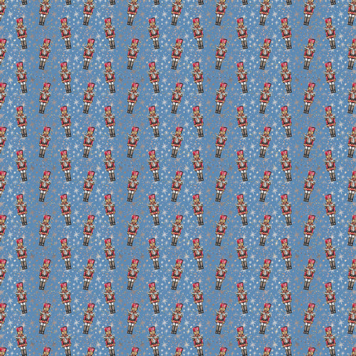 Repeated pattern of vintage-style toy soldiers against a blue background with star details