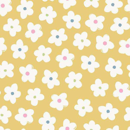 Repeating pattern of simple white flowers with pink and blue centers on a mustard background