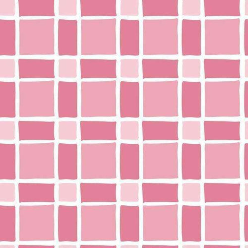 Pink square tiles intertwined with white lines
