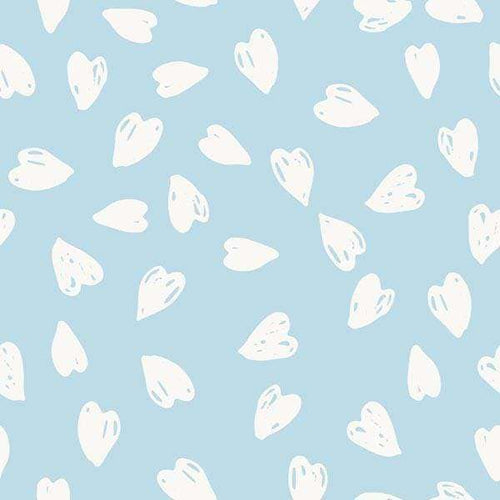 Light blue background with white heart sketches pattern