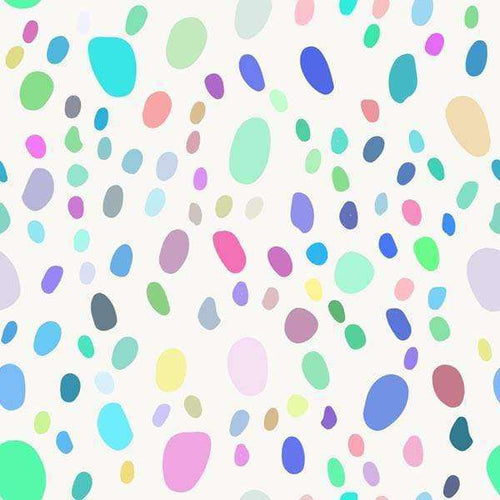 A playful array of pastel-colored pebble shapes scattered on a white background