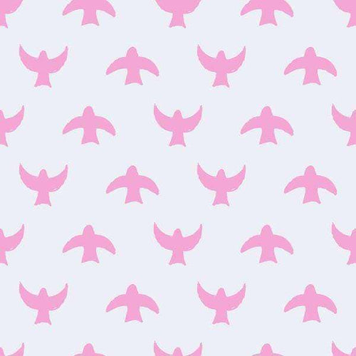 Repeated pink dove pattern on light purple background