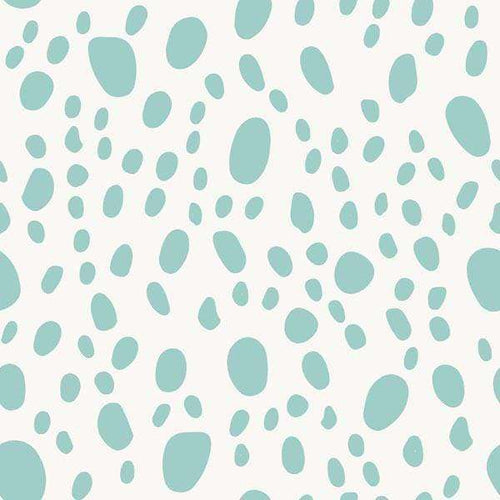 Abstract pebble-like shapes in shades of teal on a pale background