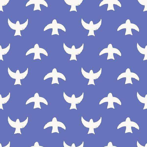 A repeated white dove pattern on a purple background