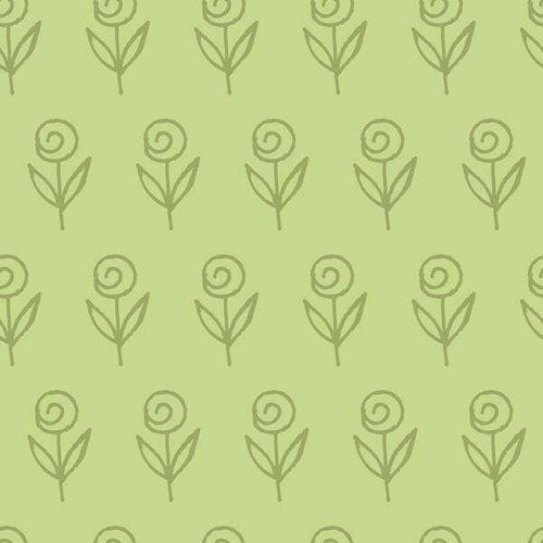 Repeated stylized spiral rose pattern on a soft green background