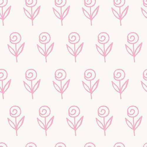 A delicate pattern of stylized rosebuds in pink on a soft white background