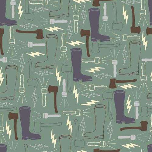 Seamless pattern featuring stylized rain boots and hand tools on olive background