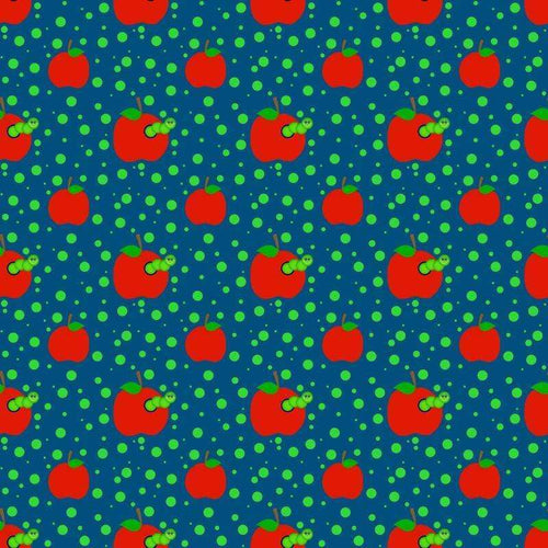 Repeated red apple pattern with green polka dots on a blue background