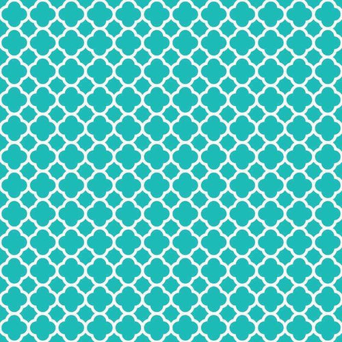 A repetitive floral pattern in aqua on a white background