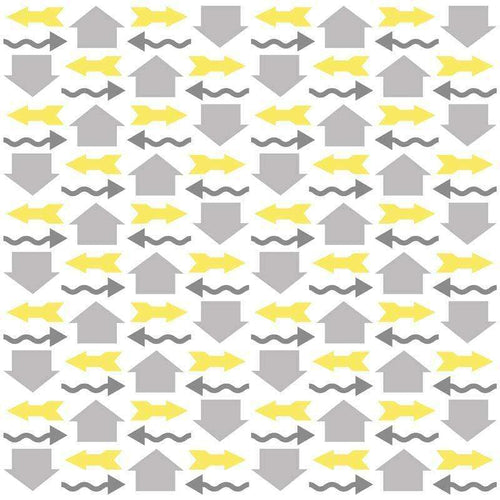 Geometric pattern with arrows and waves in yellow, gray, and white