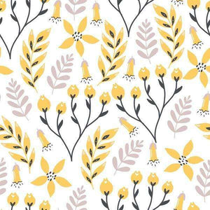 Yellow and grey floral pattern on white background
