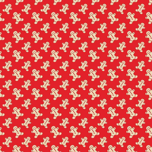 A repeating pattern of white gingerbread men on a festive red background.