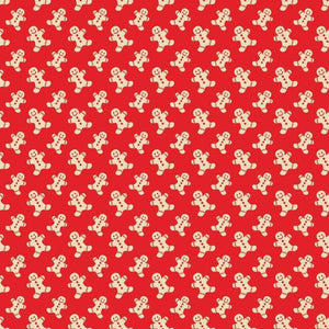 A repeating pattern of white gingerbread men on a festive red background.