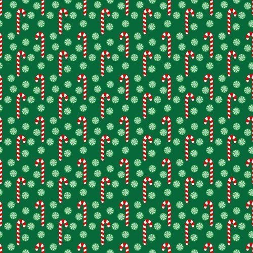 Green background with red and white candy cane and peppermint patterns