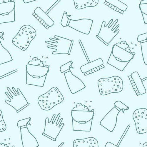 Cleaning supplies pattern with a light blue background