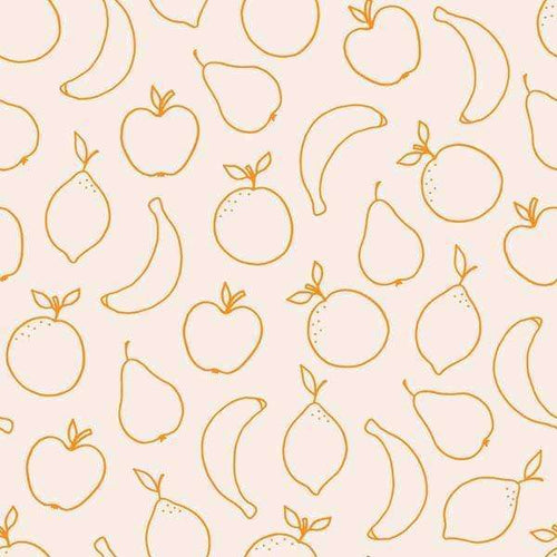 Assorted hand-drawn fruit patterns on a peach background