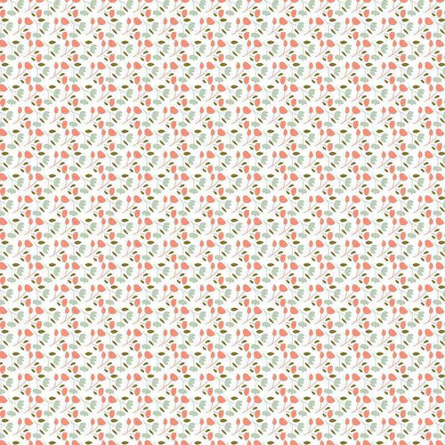 Seamless floral pattern with coral and sage green motifs on a white background