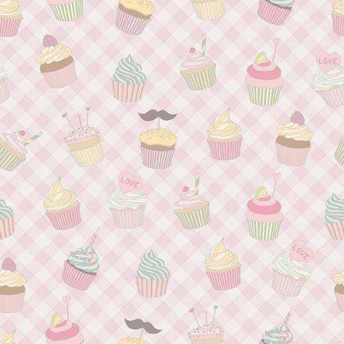 Assortment of whimsical cupcakes and retro mustache designs on a pink checkered background