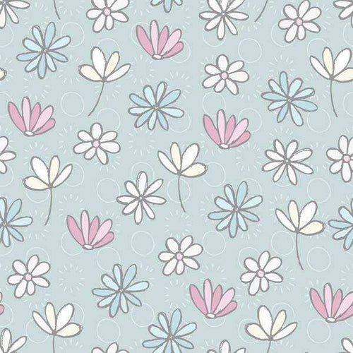 Floral pattern with soft pastel colors on a cool grey background