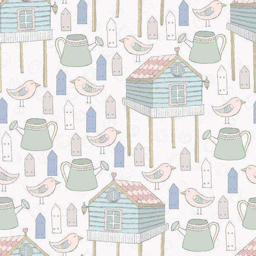 Hand-drawn style pattern with birdhouses, birds, and watering cans