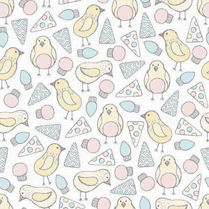Illustrative pattern with cute birds and assorted geometric shapes