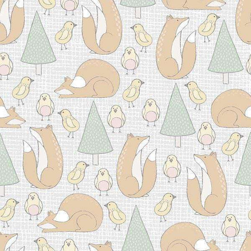 Whimsical pattern with foxes, birds, and trees