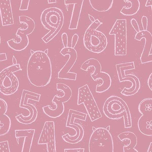 Cartoonish numbers and animals pattern on pink background