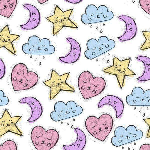 Hand-drawn celestial pattern with smiling stars, moons, clouds, and hearts