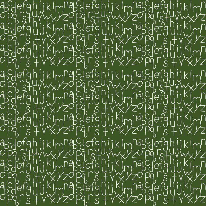 Green fabric with white handwritten alphabet pattern