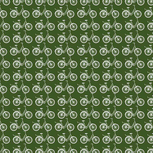 Green background with a repeating pattern of white vintage bicycles