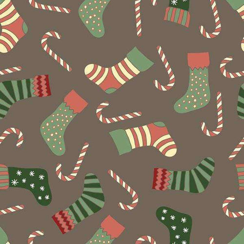 Christmas themed pattern with socks and candy canes on brown background