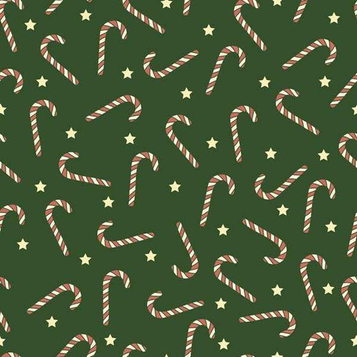 Christmas-themed pattern with candy canes and stars on a green background
