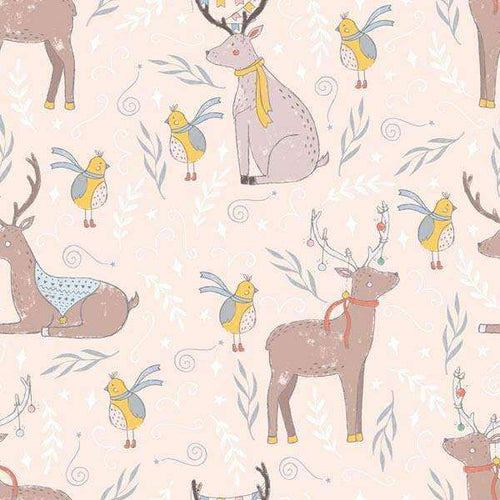 Illustration of deer and birds with whimsical foliage on a pastel background