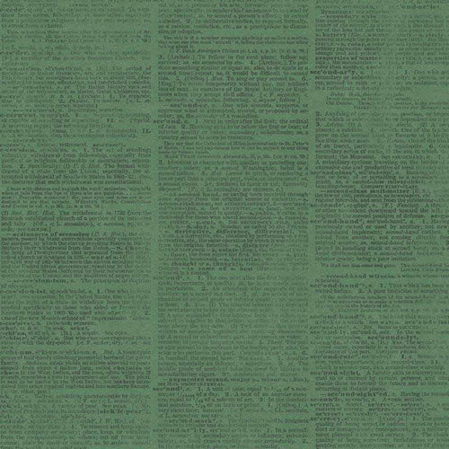 Green textured image with overlay of white text creating a literary pattern
