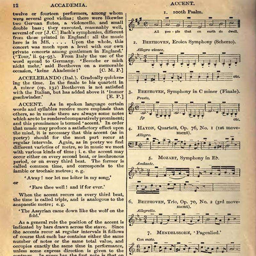 Antique musical score sheet with various classical excerpts