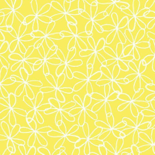 Hand-drawn white flower outlines on a yellow background