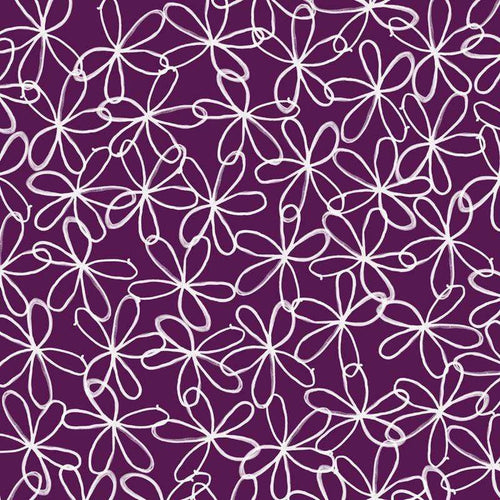 Interconnected white floral sketch pattern on a lavender background