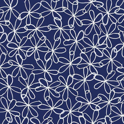 White floral sketches on navy blue background
