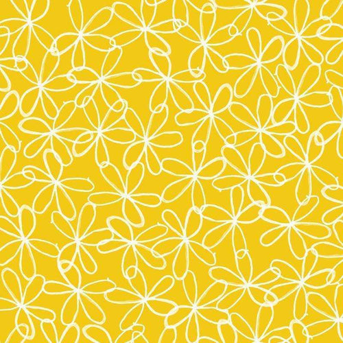 White abstract floral pattern on a yellow background